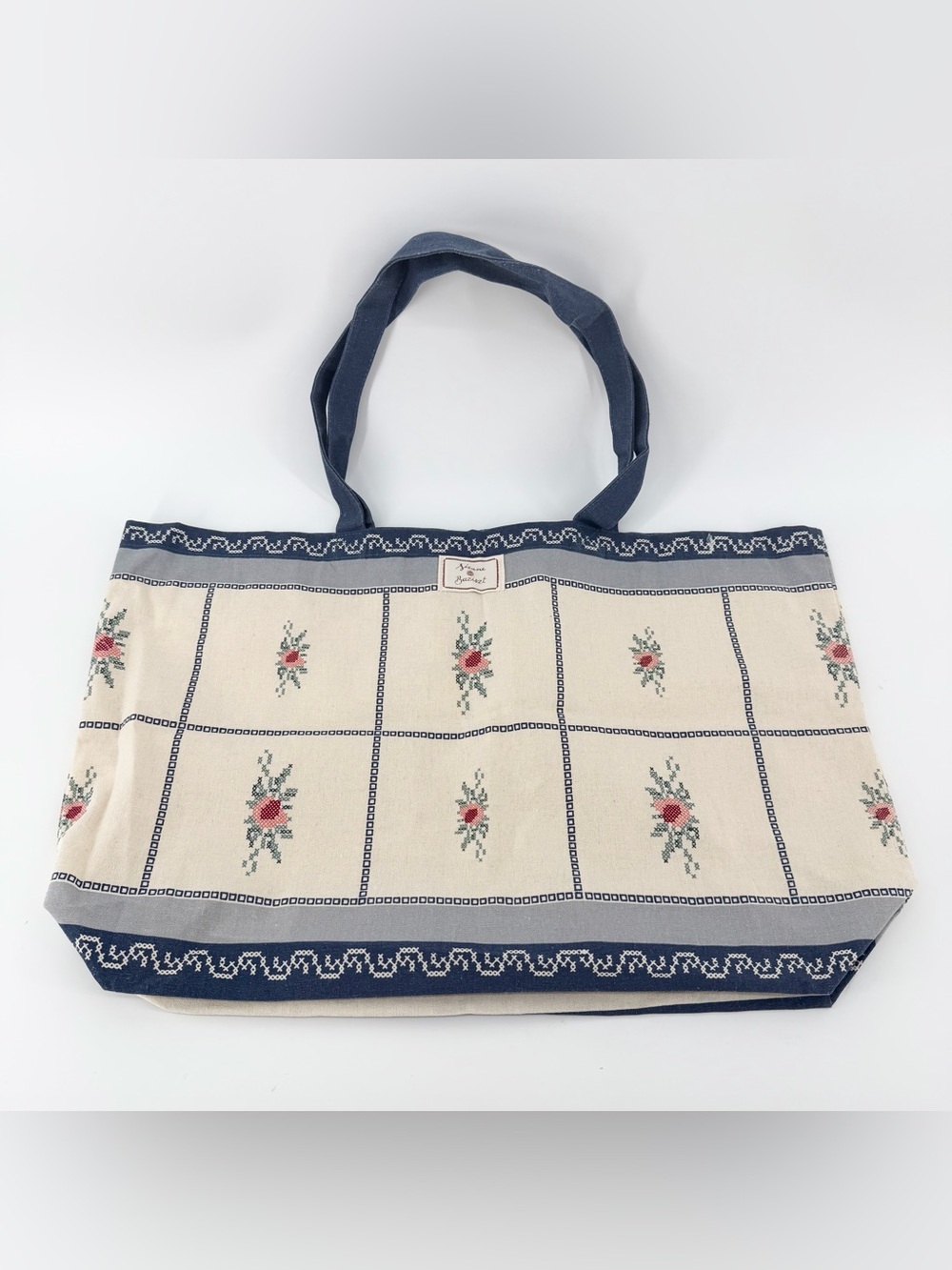 Sézane x Baziszt Tote Bag Limited Edition Canvas Floral Cross Stitch Print EUC